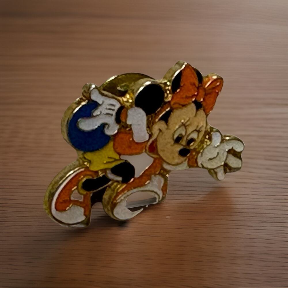Vintage Minnie Mouse Bowling Pin Button Lapel Collectible Orange Yellow Outfit